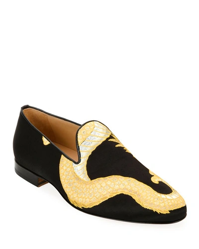 Versace Men's Embroidered Dragon Slippers In Black/gold