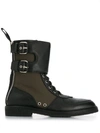 Balmain Buffalo Leather & Nylon Combat Boots In Black Green