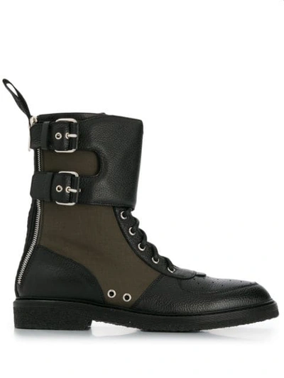 Balmain Buffalo Leather & Nylon Combat Boots In Black Green