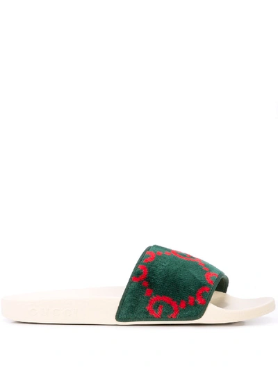 Gucci Pursuit Terry Cloth Logo Pool Slide Sandals In Green