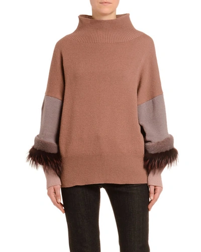 Agnona Mink-fur Trim Cashmere Mock-neck Sweater In Pink/brown