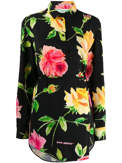 Off-white Floral-print Crepe Wrap Shirt In Black White