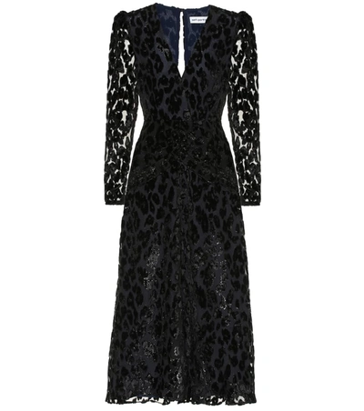 Self-portrait Ruched Metallic Leopard Devoré Maxi Dress In Black/navy