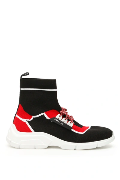 Prada High Top Sock Sneaker In Black,red,white