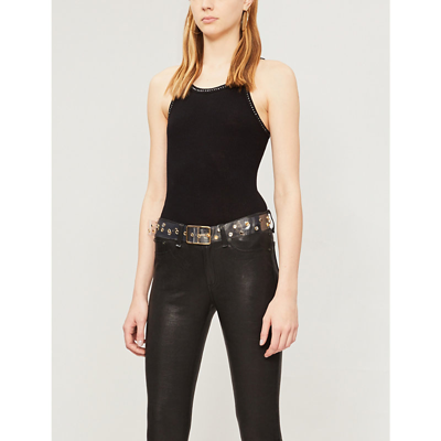 Re/done X Attico Crystal-embellished Ribbed Cotton-jersey Strap Top In Black W. Crystals