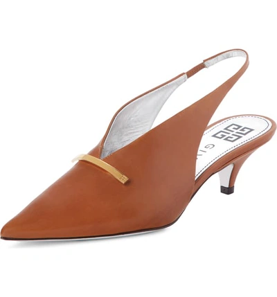 Givenchy Leather Kitten-heel Slingback Pumps With Golden Bar In Caramel Leather