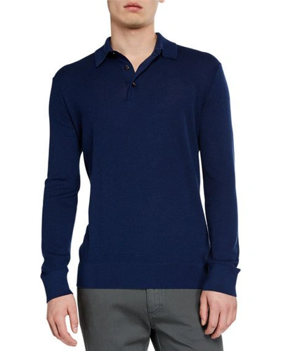 Ermenegildo Zegna Men's Cashmere-blend Long-sleeve Polo Shirt, Dark Blue