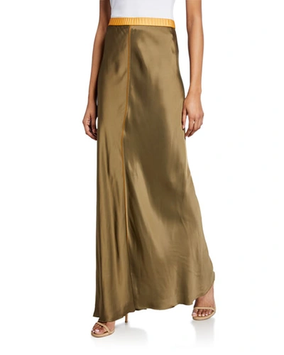 Helmut Lang Satin Maxi Slip Skirt In Dark Green