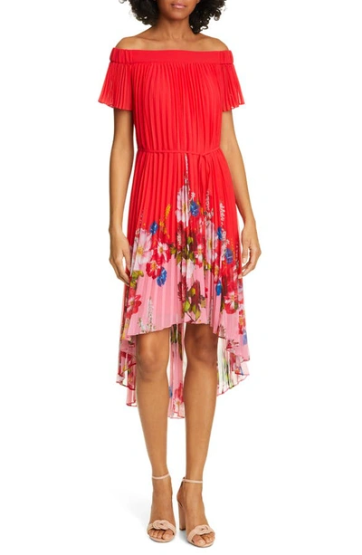 Ted Baker Berry Sundae Bardot Floral Off-the-shoulder Pleated High-low Dress In Red