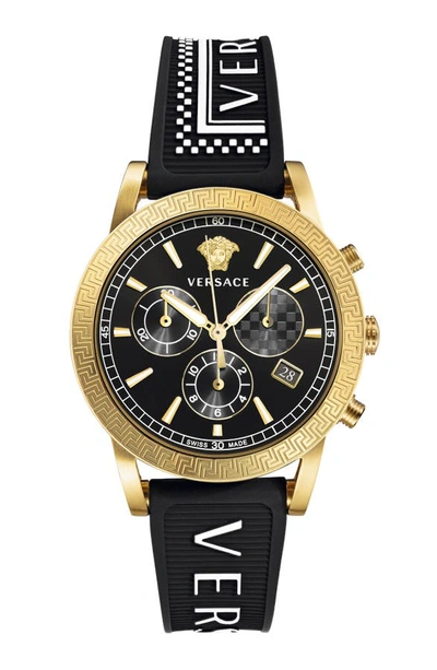 Versace Sport Tech Chronograph Rubber Strap Watch, 40mm In Black/ Gold