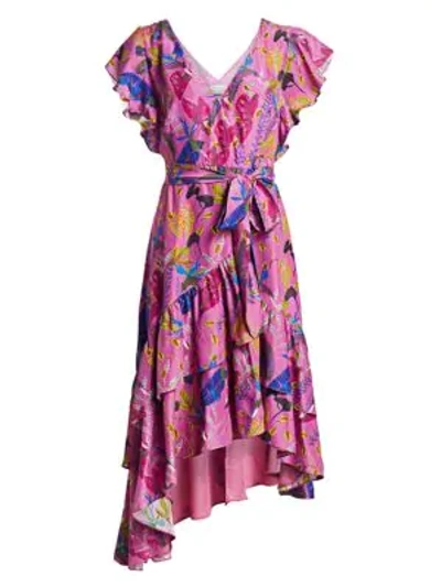 Tanya Taylor Dita Printed Short-sleeve Wrap Dress In Jungle Leaves Purple