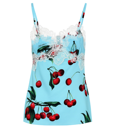 Dolce & Gabbana Cherry Printed Silk And Lace Camisole In Blue