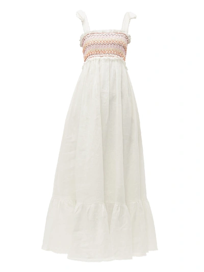 Zimmermann Goldie Crochet-trimmed Smocked Linen Maxi Dress In Ivory