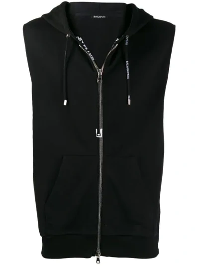 Balmain Logo Hooded Zip-up Cotton Jersey Vest In Black