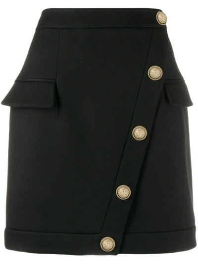 Balmain Wrap-effect Button-embellished Wool-twill Mini Skirt In Black