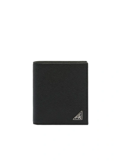 Prada Mini Classic Saffiano Triagle Vertical Wallet In Black