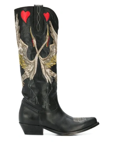Golden Goose Wish Star Bird-embroidered Leather Boots In Black