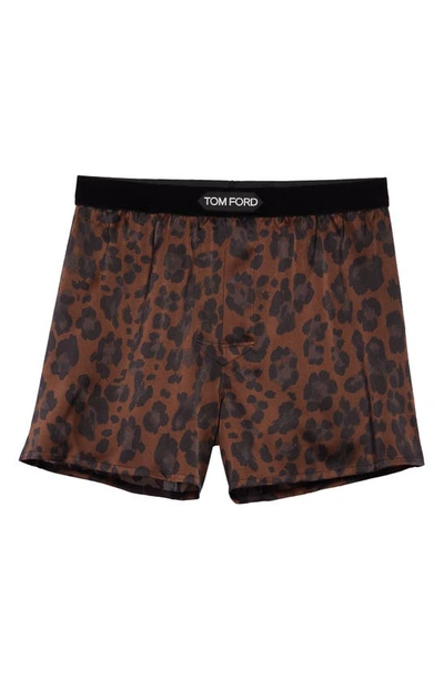 Tom Ford Men's Logo-band Leopard Silk Boxers In Dark Brown