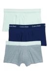 Calvin Klein 3-pack Stretch Cotton Low Rise Trunks In Green/ Stripe/ Blue Depth