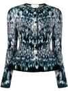 Alexander Mcqueen Abstract Pattern Knitted Peplum Cardigan In Blue/ Black/ Ivory