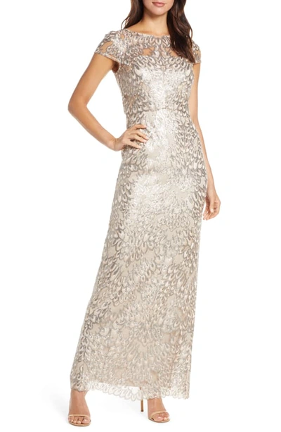 Adrianna Papell Sequin Popover Column Gown In Antique Gold