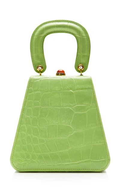 Staud Kenny Croc-effect Leather Top Handle Bag   In Green