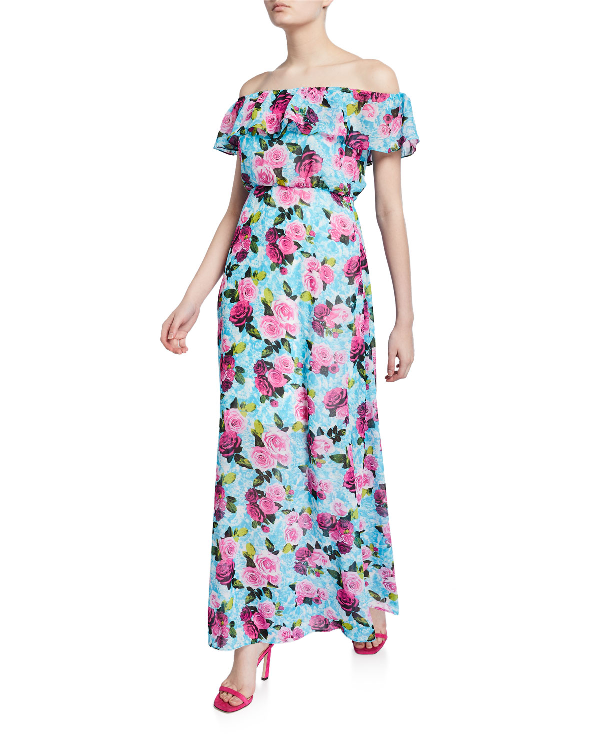 Betsey Johnson Drowning Roses Off-The-Shoulder Ruffle Maxi Dress In ...