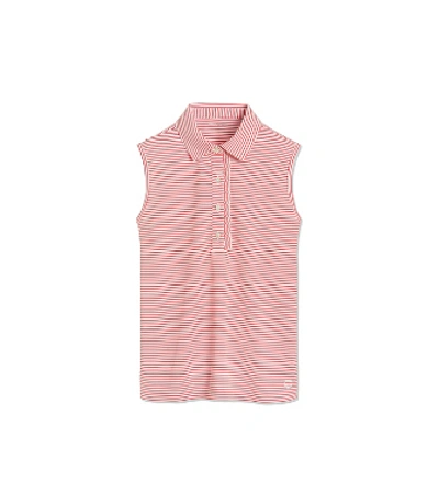 Tory Sport Performance Striped Sleeveless Ruffle Polo In Red Pinstripe