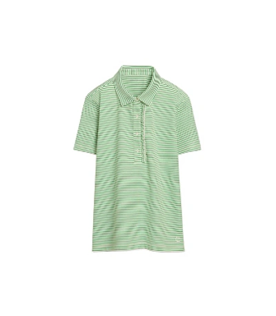 Tory Sport Performance Striped Ruffle Polo In Court Green Pinstripe