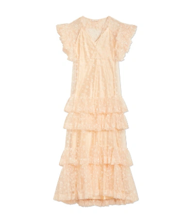 Tory Burch Wrap-effect Tiered Flocked Tulle Maxi Dress In Pink Sunny