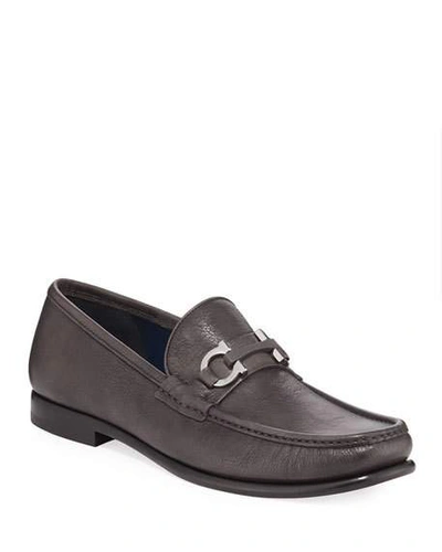 Ferragamo Men's Crown Gancio-bit Leather Loafers In Gray