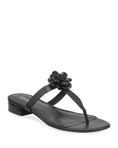 Michael Michael Kors Dalia Leather T-strap Flower Sandals In Black