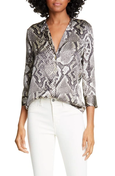 L Agence Aoki Snake-print Button-down Silk Blouse With Band Collar In Natural Multi Python