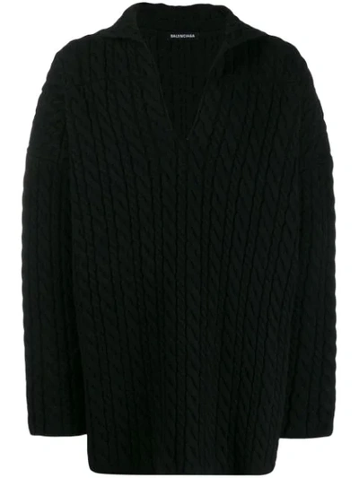 Balenciaga Men's Oversized Cable-knit Wool Sweater In Black