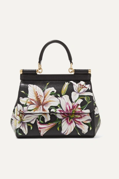 Dolce & Gabbana Sicily Floral-print Textured-leather Tote In Black