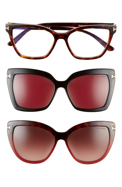 Tom Ford 53mm Blue Light Blocking Cat Eye Glasses & Interchangeable Sunglasses Clips Set In Red Havana