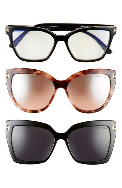 Tom Ford 53mm Blue Light Blocking Cat Eye Glasses & Interchangeable Sunglasses Clips Set In Black
