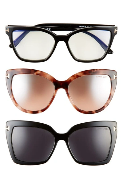 Tom Ford Square Blue-block Optical Frames W/ Two Magnetic Sunglasses Clips In Shiny Black/clear
