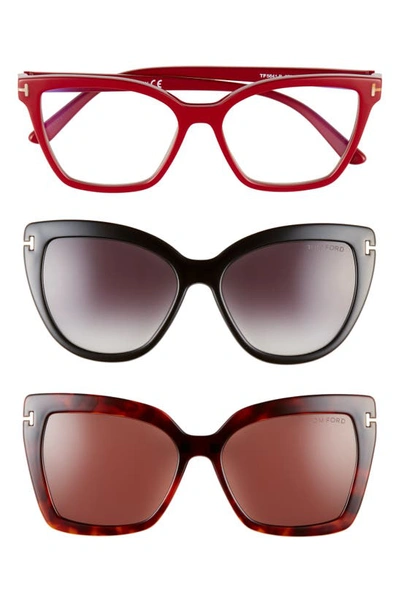 Tom Ford 53mm Blue Light Blocking Cat Eye Glasses & Interchangeable Sunglasses Clips Set In Black Havana/ Clear