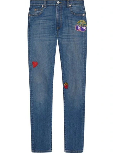 Gucci Denim Skinny Pant With Patches In Blue