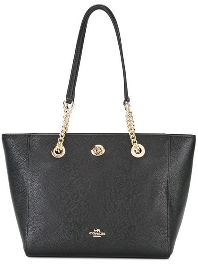 Coach Turn-lock Chain Pebbled Tote Bag In Black