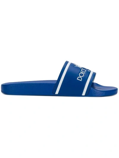 Dolce & Gabbana Logo-embossed Leather And Rubber Slides In Bluette