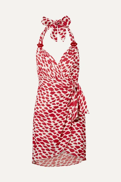 Adriana Degreas Bacio Printed Voile Halterneck Mini Wrap Dress In Red