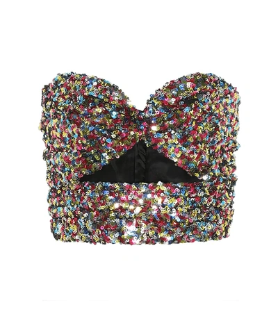 Attico Cutout Sequined Tulle Bustier Top In Metallic,fuchsia,light Blue