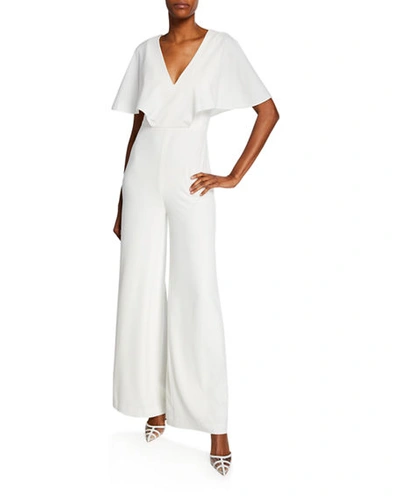 Halston Heritage Flowy Cape-sleeve V-neck Wide-leg Jumpsuit In Off White