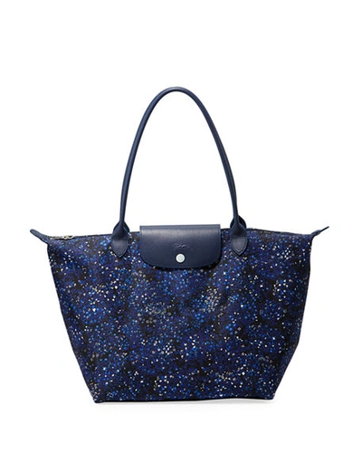 Longchamp Le Pliage Fleur Large Shoulder Tote Bag In Blue/silver