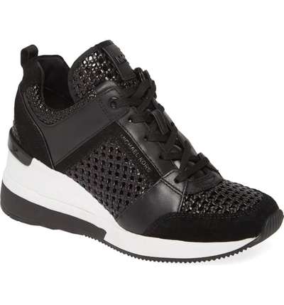 Michael Michael Kors Georgie Woven Lace-up Wedge Sneakers In Black Multi