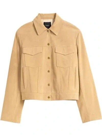 Theory Button-front Suede Trucker Jacket In Dark Sand