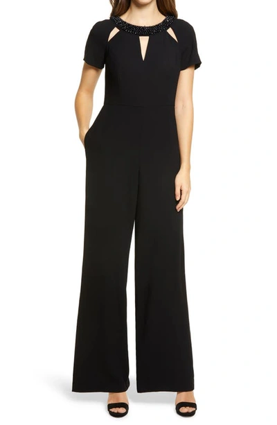 Shani Beaded Short-sleeve Crepe Cutout Jumpsuit In Black