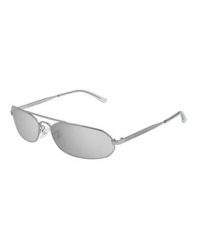 Balenciaga Men's Slim Metal Mirrored Rectangle Sunglasses In Silver